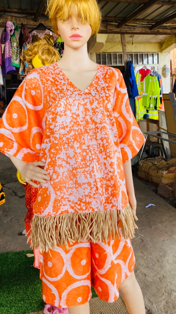 Women's Batik Fringe Two-Piece Set – Orange & White